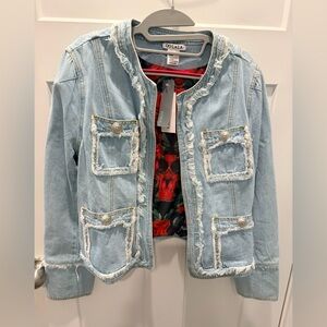 Oolala NWT Denim Jacket Women’s Size L Light Blue Frayed Floral Lined